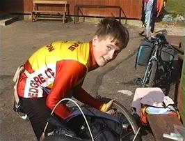 Jered pumps up his tyre after fixing the puncture he picked up yesterday